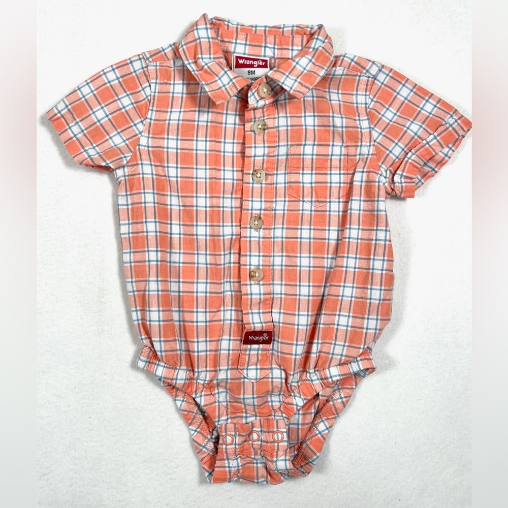 WRANGLER 100% Cotton Orange Tartan‎ Plaid Short Sleeve Button Up Onesie Size 9M